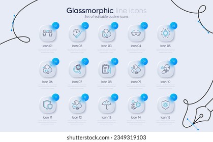 Set of Riboflavin vitamin, Coronavirus research and Vaccination schedule line icons for web app. Sodium mineral, Eye protection, Social distancing icons. Dont touch, Vitamin c, Wash hand signs. Vector