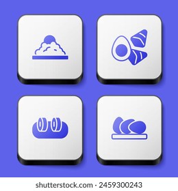Set Rice in a bowl, Chicken egg with vegerables, Sushi and  icon. White square button. Vector