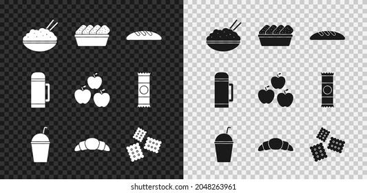 Set Rice in a bowl with chopstick, Chicken nuggets box, Bread loaf, Milkshake, Croissant, Cracker biscuit, Thermos container and Apple icon. Vector