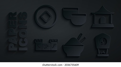 Set Rice in bowl with chopstick, Chinese house, Great wall of China, paper lantern, tea ceremony and Yuan currency icon. Vector