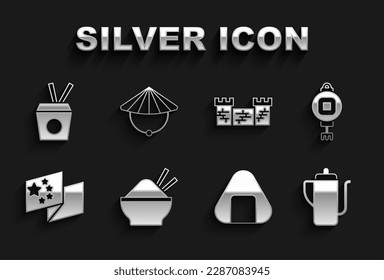 Set Rice in bowl with chopstick, Chinese paper lantern, tea ceremony, Sushi, China flag, Great wall of, Noodles box and chopsticks and conical straw hat icon. Vector