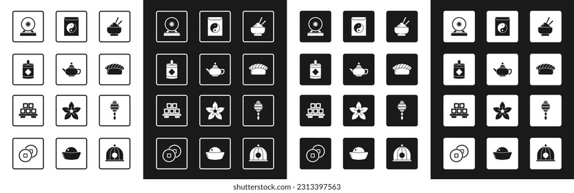 Set Rice in a bowl with chopstick, Chinese tea ceremony, Firework, Gong, Sushi, Yin Yang and envelope, paper lantern and cutting board icon. Vector
