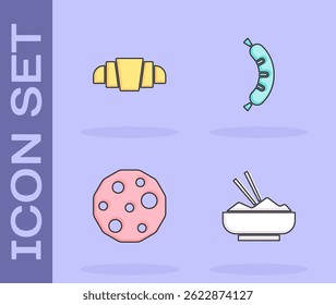 Set Rice in a bowl with chopstick, Croissant, Cookie or biscuit and Hotdog icon. Vector