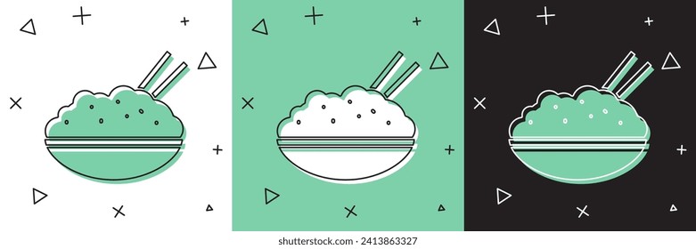 Set Rice in a bowl with chopstick icon isolated on white and green, black background. Traditional Asian food.  Vector Illustration