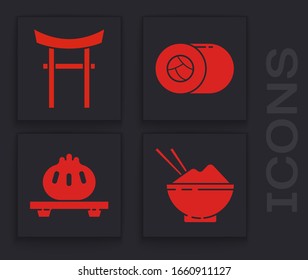 Set Rice in a bowl with chopstick, Japan Gate, Sushi and Dumpling on cutting board icon. Vector