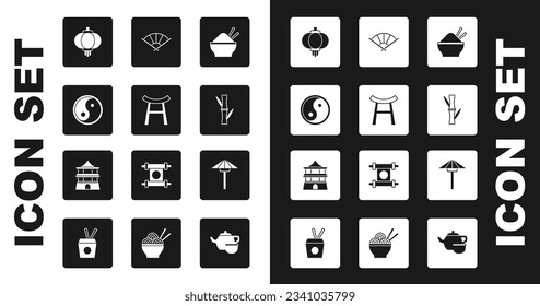 Set Rice in bowl with chopstick, Japan Gate, Yin Yang, Chinese paper lantern, Bamboo, or japanese folding fan, Japanese umbrella from the sun and house icon. Vector