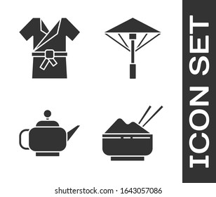 Set Rice in a bowl with chopstick, Japanese costume Kimono, Japanese tea ceremony and Japanese umbrella from the sun icon. Vector