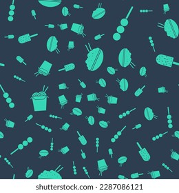 Set Rice in a bowl with chopstick, Meatballs on wooden stick, Asian noodles and chopsticks and Ice cream on seamless pattern. Vector