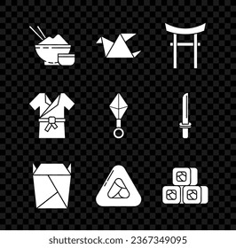 Set Rice in a bowl with chopstick, Origami bird, Japan Gate, Rstaurant opened take out box filled, Sushi, Japanese costume Kimono and ninja shuriken icon. Vector