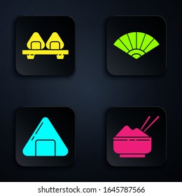 Set Rice in a bowl with chopstick, Sushi on cutting board, Sushi and Paper chinese or japanese folding fan. Black square button. Vector