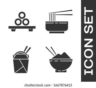 Set Rice in a bowl with chopstick, Sushi on cutting board, Asian noodles in paper box and chopsticks and Asian noodles in bowl and chopsticks icon. Vector
