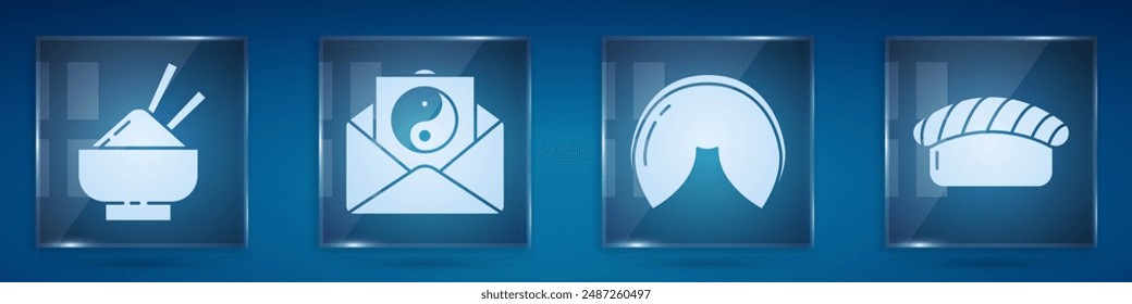 Set Rice in a bowl with chopstick, Yin Yang and envelope, Chinese fortune cookie and Sushi. Square glass panels. Vector