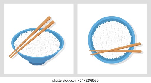 Set Reisschale mit Stäbchen auf weißem Hintergrund Vektorgrafik.