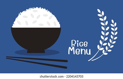 Set Of Rice Bowl, Chopsticks And Rice Plant Logo On Blue Background Vector Illustration.