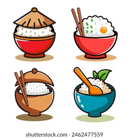 Set of Rice Bowl logo, Bowl With Rice Vector Illustration Icon for web, landing page, sticker, banner