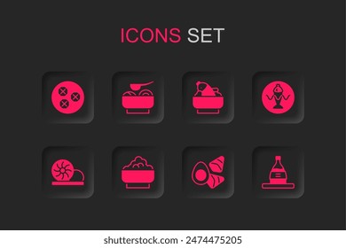 Set Rice in a bowl, Ramen soup, Wonton, Chicken egg with vegerables, Served fish plate, Bottle of sake,  and Xiao long bao icon. Vector