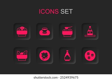 Set Rice in a bowl, Soy sauce, Chow mein on plate, bottle, Bottle of sake, Sushi, Ramen soup and Wonton icon. Vector