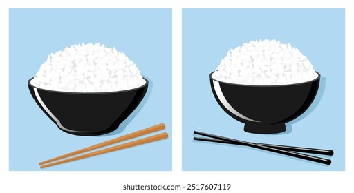 Set of rice bowls with chopsticks on blue backgrounds vector.