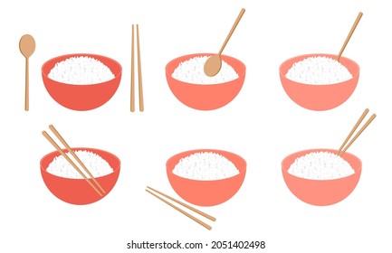 Juego de cuencos de arroz con palillos e iconos de cucharas aislados en la ilustración vectorial de fondo blanco. Comida de dibujos animados.