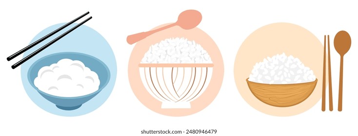 Set of rice bowls, chopsticks  and  spoons vector.  