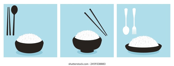 Set of rice bowls, spoons, chopsticks and fork icon sign on blue background vector.