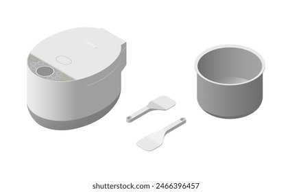 Set of rice cooker, cooking pot, and spatula. Kitchenware. Home appliances. 3D isometric illustration. Editable vector for banner, poster, presentation, infographic, website, apps, and other uses.