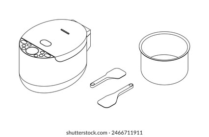 Satz Reiskocher, Kochtopf und Spachtel. Küchenutensilien. Haushaltsgeräte. 3D-isometrische Darstellung. Linienstil.  Isolierte Vektorgrafik für Poster, Präsentation, Infografik, Website, App und andere Zwecke.