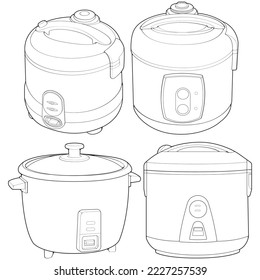 Set of  Rice cooker, magic jar, illustration vector, line art vector, outline art.
