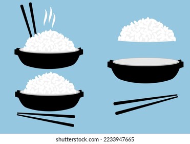 Set of rice dish and chopsticks icon sign on blue background vector illustration. Cute cartoon food.