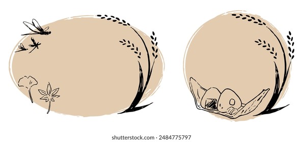 Set of rice, dragonflies, autumn leaves, rice balls, and hand-drawn circular frame