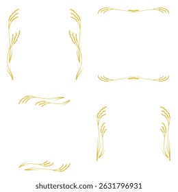 Set of Rice Ear Line and Corner Decorations. Japanese Style Ornaments. Japanese Style Autumn Design Elements.