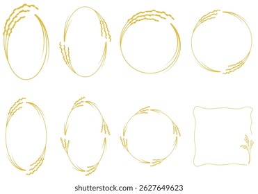 Set of Rice Ear Wreath Frames. Japanese Style Autumn Design Elements.Gold version.