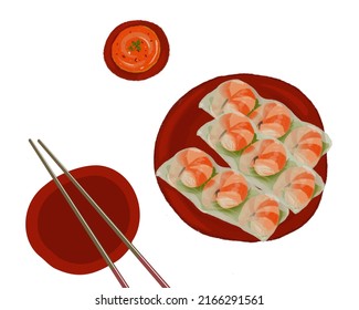 Set Of Rice Paper Shrimp Wraps. Vietnamese Rice Paper Wrapper Over The Vegetables And Shrimp With Peanut And Chilli Sauce. Isolated Spring Roll On White Background. Hand Drawing Vector Illustration