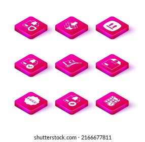 Set rice tag with Free, Carton cardboard box, ackage check mark, Hand truck and boxes, Cardboard calendar, This side up and  icon. Vector