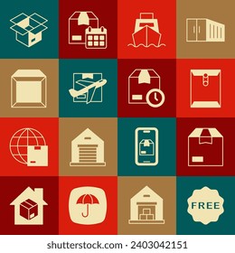 Set rice tag with Free, Carton cardboard box, Envelope, Cargo ship boxes delivery, Plane and, Unboxing and Cardboard clock icon. Vector