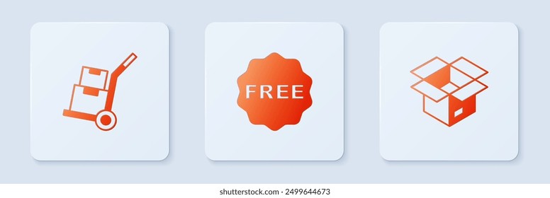 Set rice tag with Free, Hand truck and boxes and Unboxing. White square button. Vector