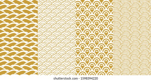 Set of rich Asian patterns. Collection of seamless geometric designs. Traditional oriental art motifs with circles, waves. Golden on white background.