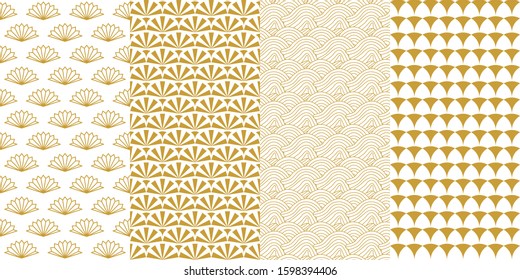 Eine Reihe reicher chinesischer Muster. Kollektion nahtloser geometrischer Designs. Traditionelle orientalische Kunstmotive mit Fans, Wellen. Goldener Hintergrund.