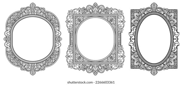 Set of rich decorated unusual frame patterns. Vector decorative background in ethnic Indian style for coloring book, design of textile, bags, product packaging, brochures, flyers.