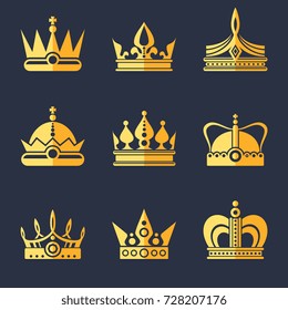 Set of rich golden crowns. Vector flat illustration. Royal luxury crown