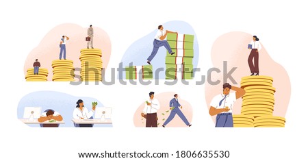 Set of rich and poor people with different salary, income or career growth unfair opportunity. Concept of financial inequality or gap in earning. Flat vector cartoon illustration isolated on white
