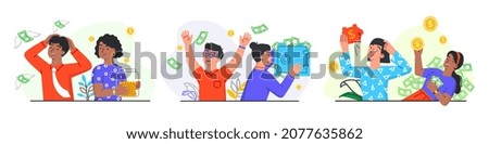 Set of rich and poor people with different salary on white background. Income or career growth unfair opportunity. Concept of financial inequality or gap in earning. Flat cartoon vector illustration