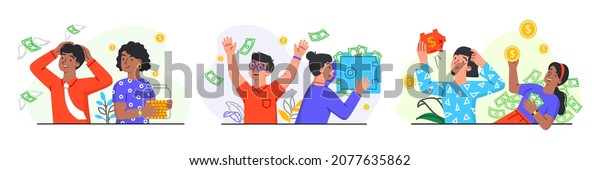 Set of rich and poor people with different\
salary on white background. Income or career growth unfair\
opportunity. Concept of financial inequality or gap in earning.\
Flat cartoon vector\
illustration