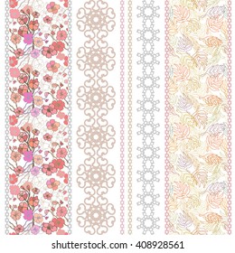 Set of rich retro lace borders with boho motifs. Hand drawn blooming sakura, seamless palm leaves print, geometric ornaments. Vintage textile collection. Golden, silver shadows on white. 
