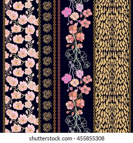 Set of rich retro lace borders with bohemian motifs. Hand drawn blooming sakura, seamless reptile skin pattern. Vintage textile collection. Golden, silver shadows on black.