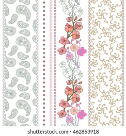 Set of rich retro lace borders with bohemian motifs. Hand drawn blooming sakura, seamless Turkish paisley pattern. Vintage textile collection. Golden, silver shadows on white.