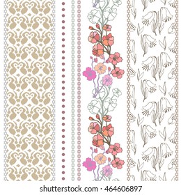 Set of rich retro lace borders with bohemian motifs. Hand drawn blooming sakura, seamless ikat pattern, bells ornament. Vintage textile collection. Golden, silver shadows on black. 
