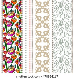 Set of rich retro lace borders with boho motifs. Blooming tulips, seamless ikat pattern, damask print. Vintage textile collection. Golden, silver shadows on black. 