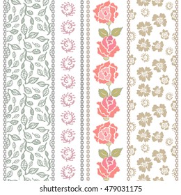 Set of rich retro lace borders with bohemian motifs. Hand drawn blooming roses, seamless floral pattern. Vintage textile collection. Golden, silver shadows on white.
