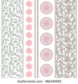 Set of rich retro lace borders with bohemian motifs. Hand drawn blooming sakura, leaves branches pattern. Vintage textile collection. Golden, silver shadows on white.